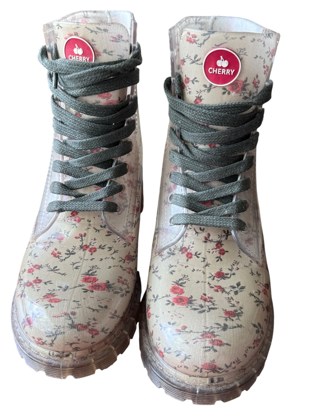Rubber Combat boots Cherry Floral Print Women's Sz 6 green with red Roses